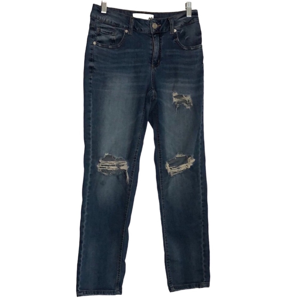 GARAGE Mid rise distressed jeans 98% Cotton stretch blue busted knee size 1
